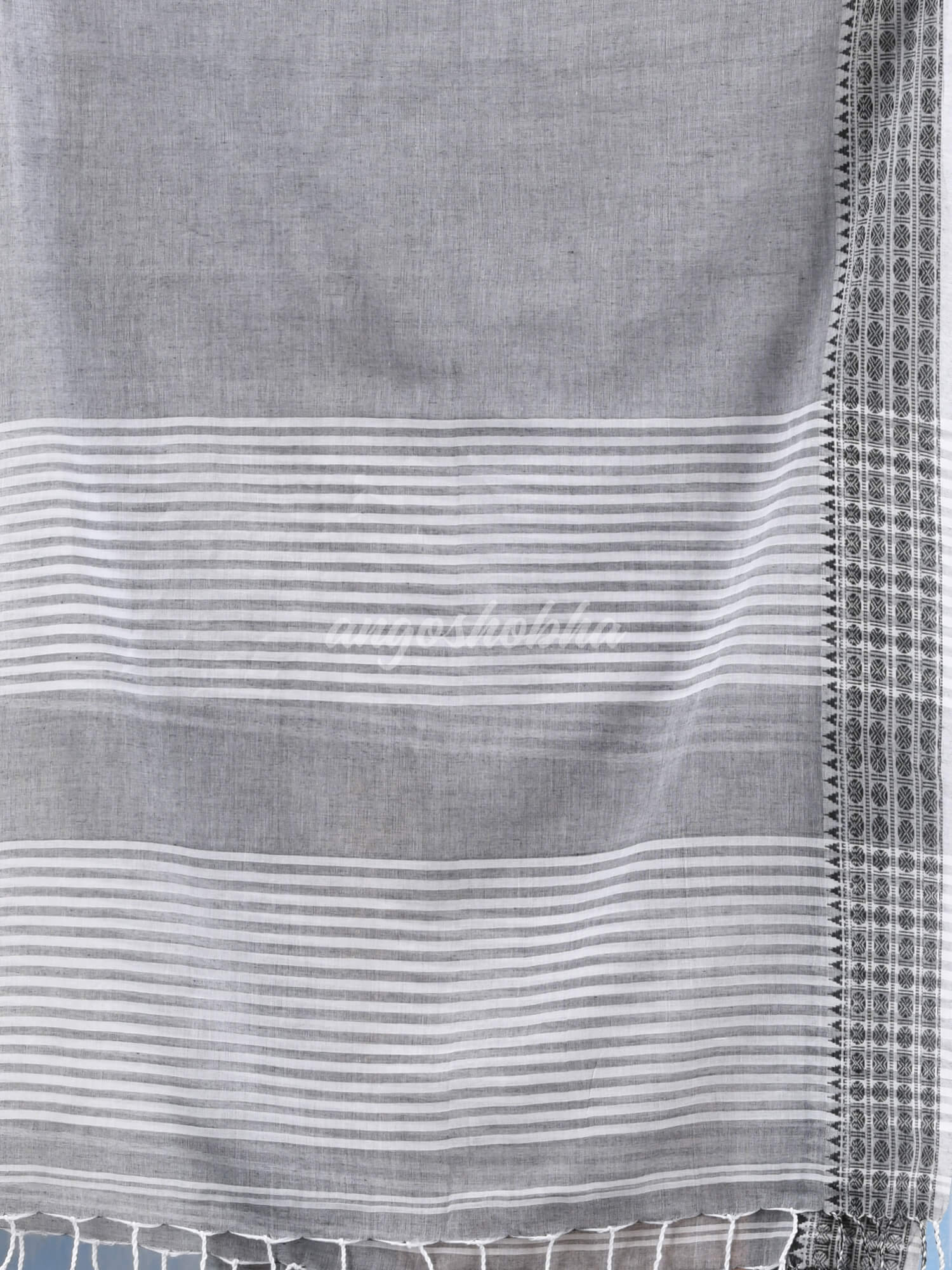 Grey Cotton Pallu Stripe Handloom Saree