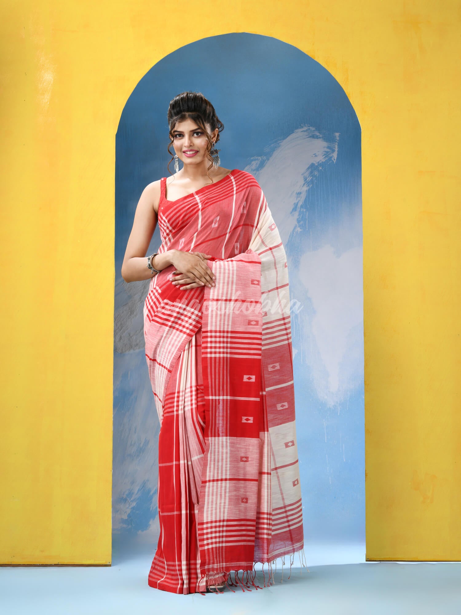 Off White Red Cotton Handloom Saree