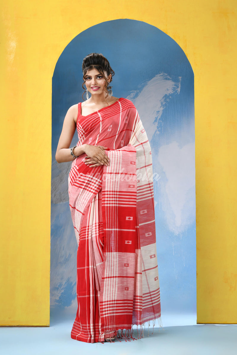 Off White Red Cotton Handloom Saree