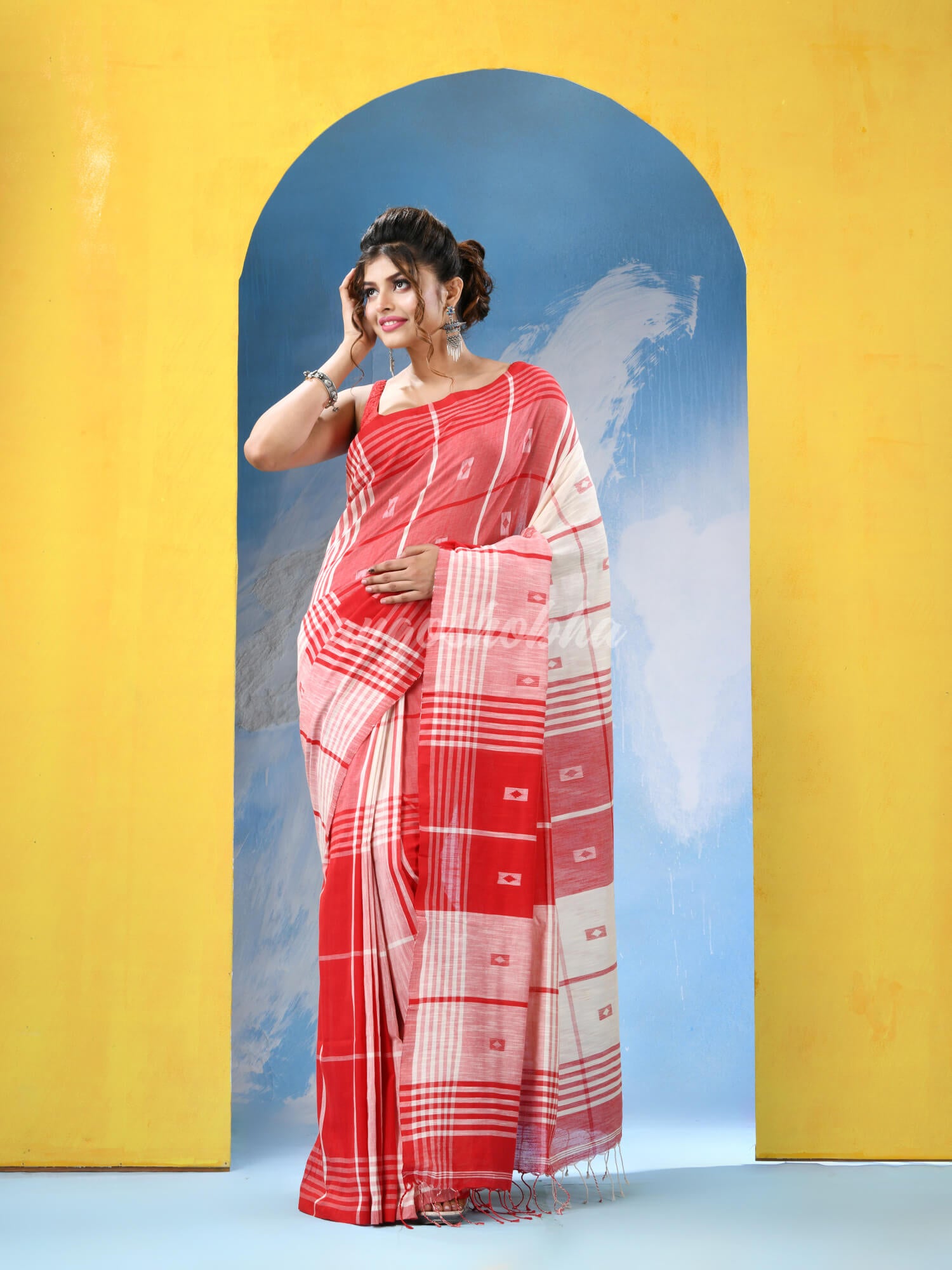 Off White Red Cotton Handloom Saree