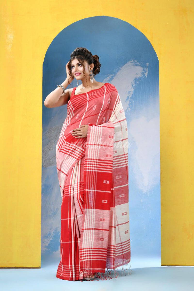 Off White Red Cotton Handloom Saree