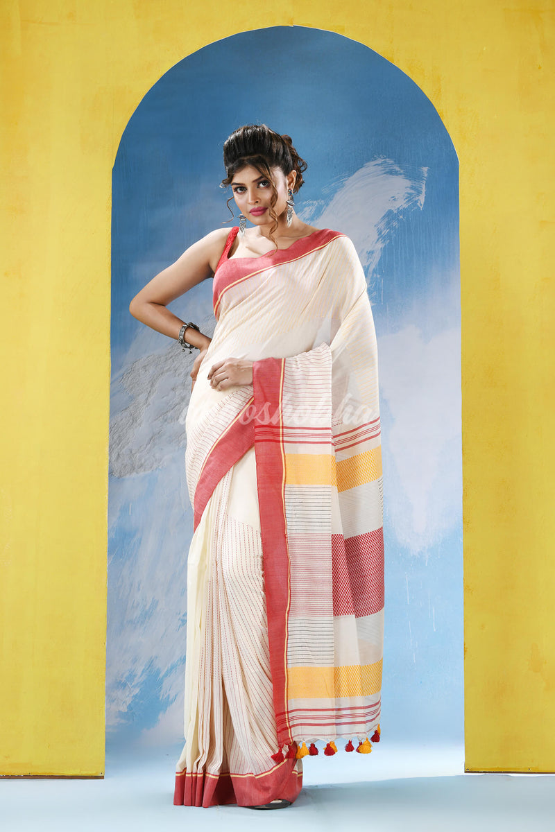 White Cotton Red Broder Handloom Saree