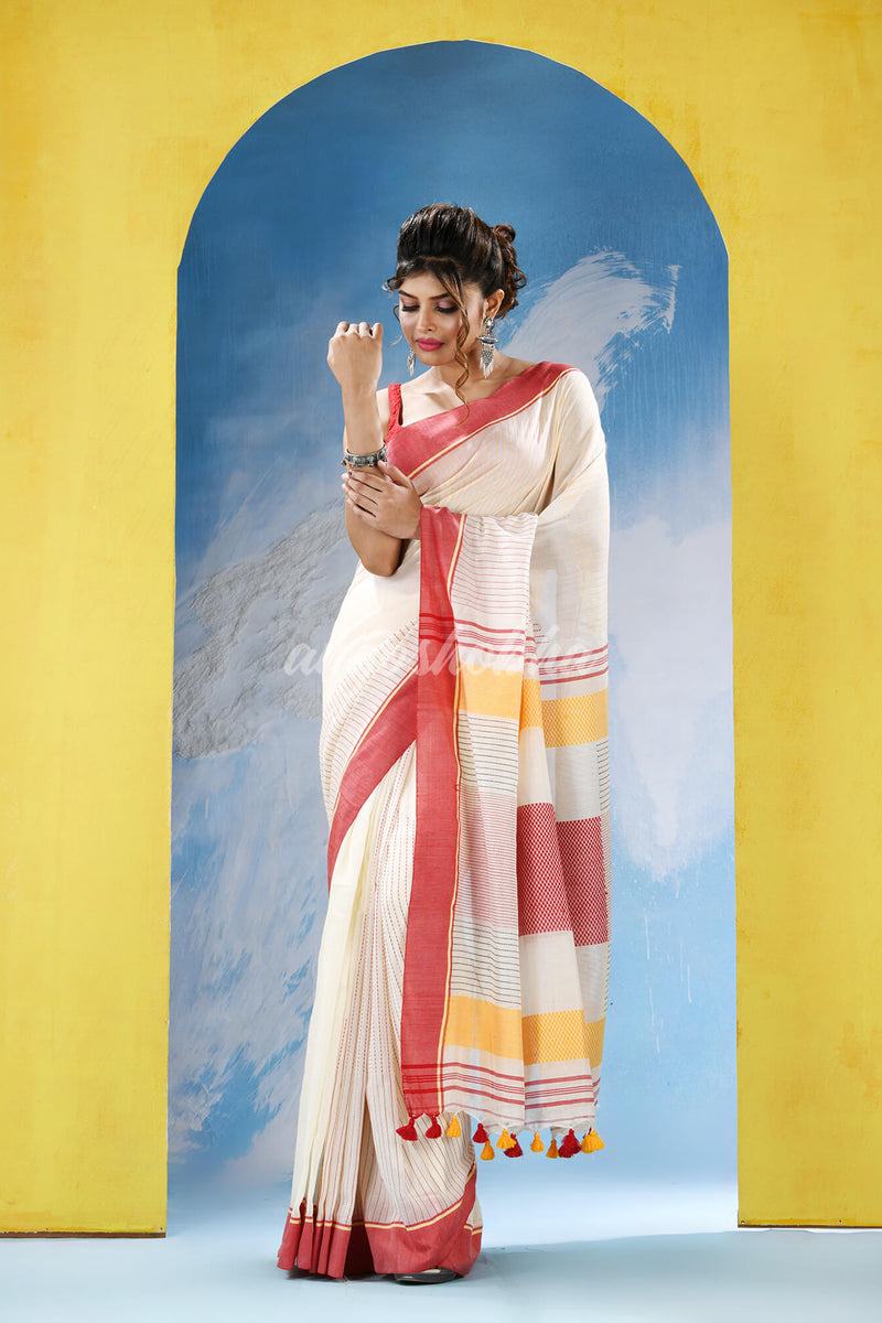 White Cotton Red Broder Handloom Saree