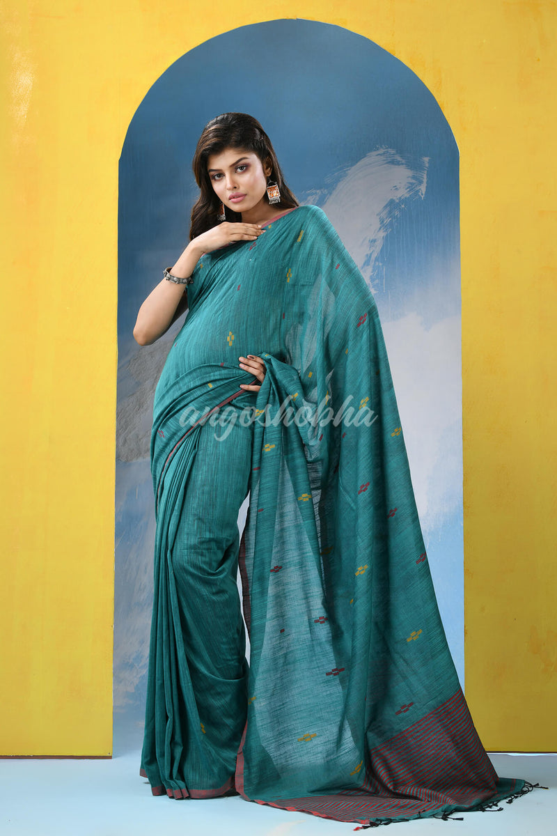 Teal Cotton Handloom Saree