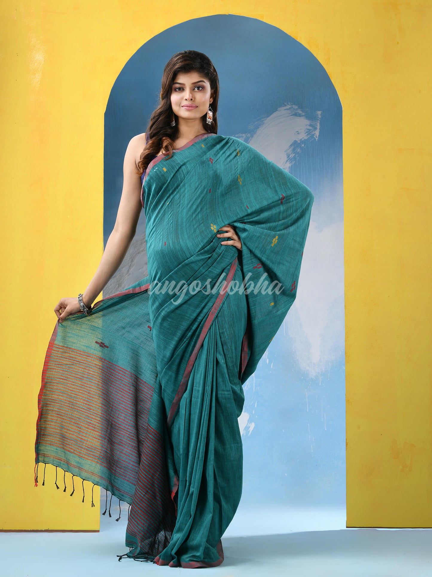 Teal Cotton Handloom Saree