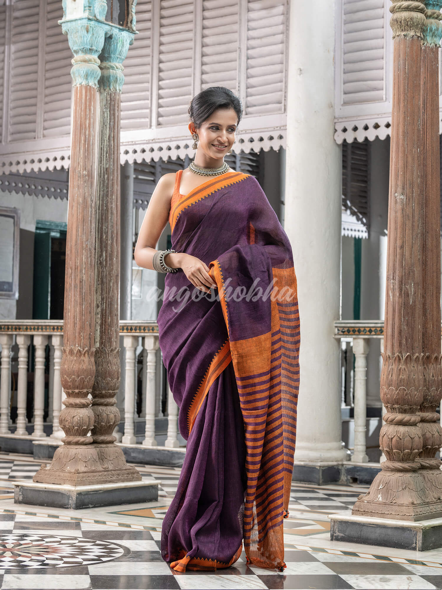 Purple Linen Handloom Saree