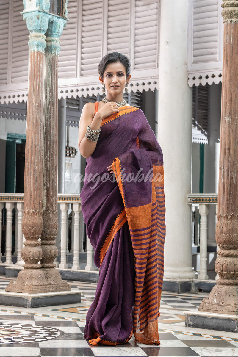 Purple Linen Handloom Saree