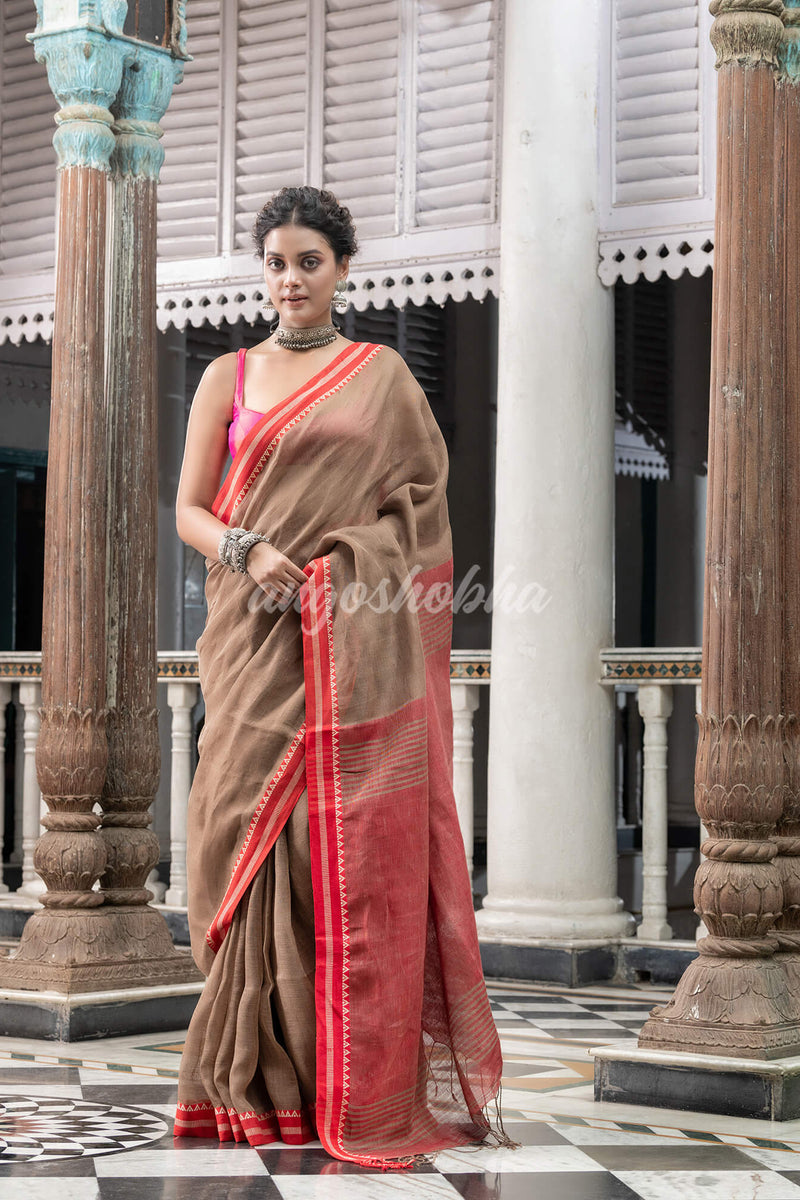 Brown Linen Handloom Saree