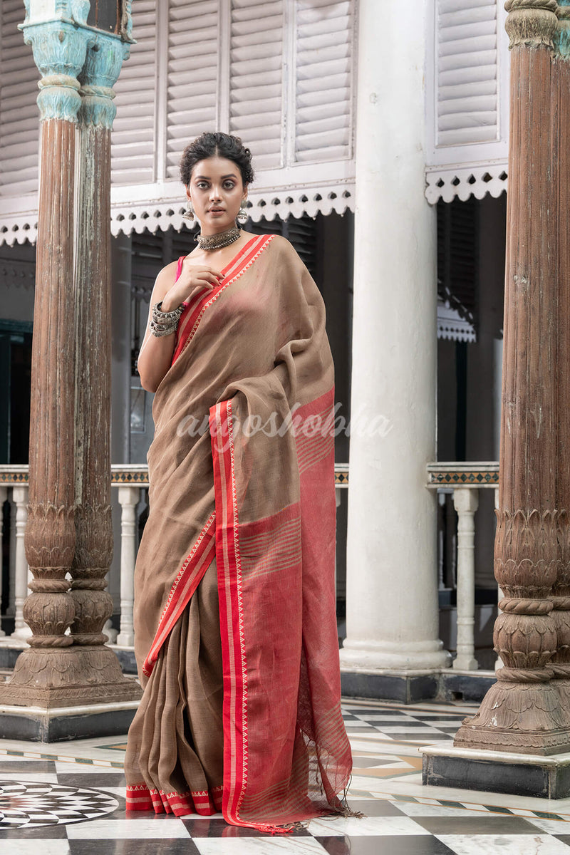 Brown Linen Handloom Saree