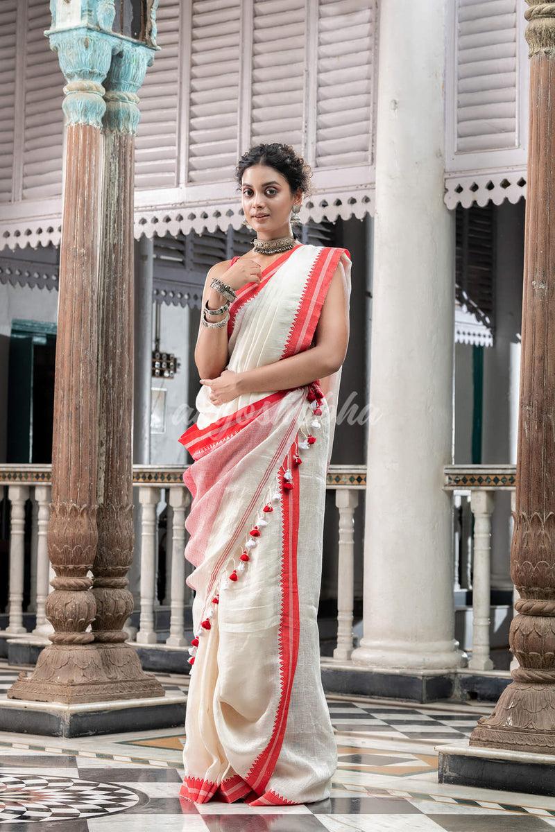 White Linen Handloom Saree