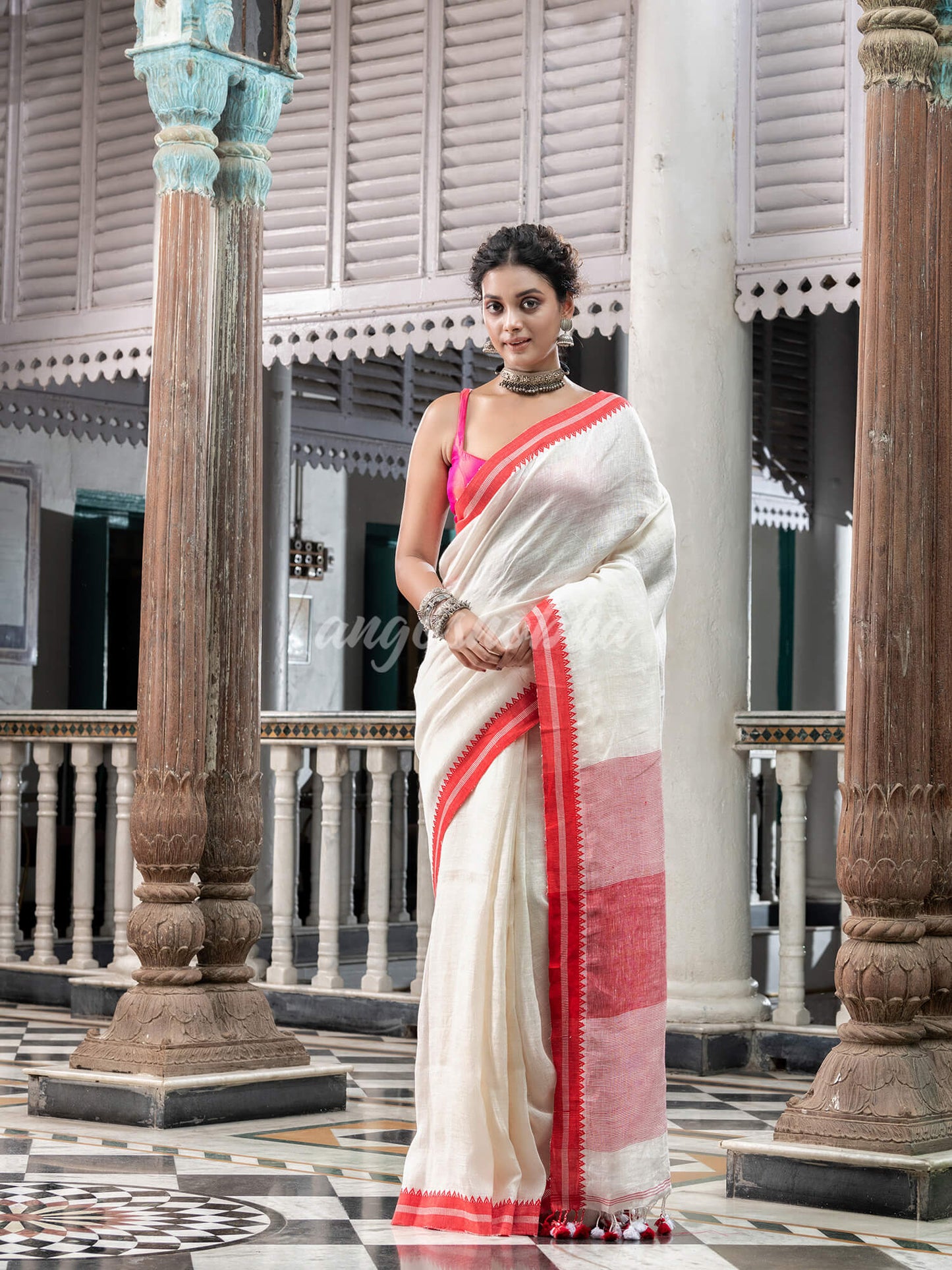 White Linen Handloom Saree