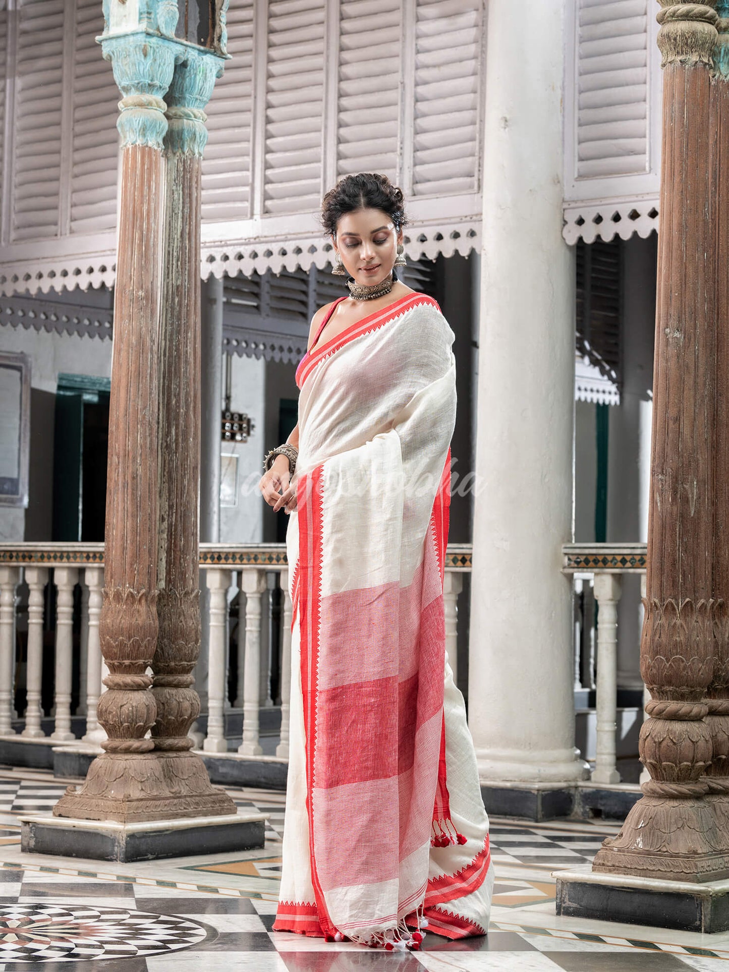 White Linen Handloom Saree