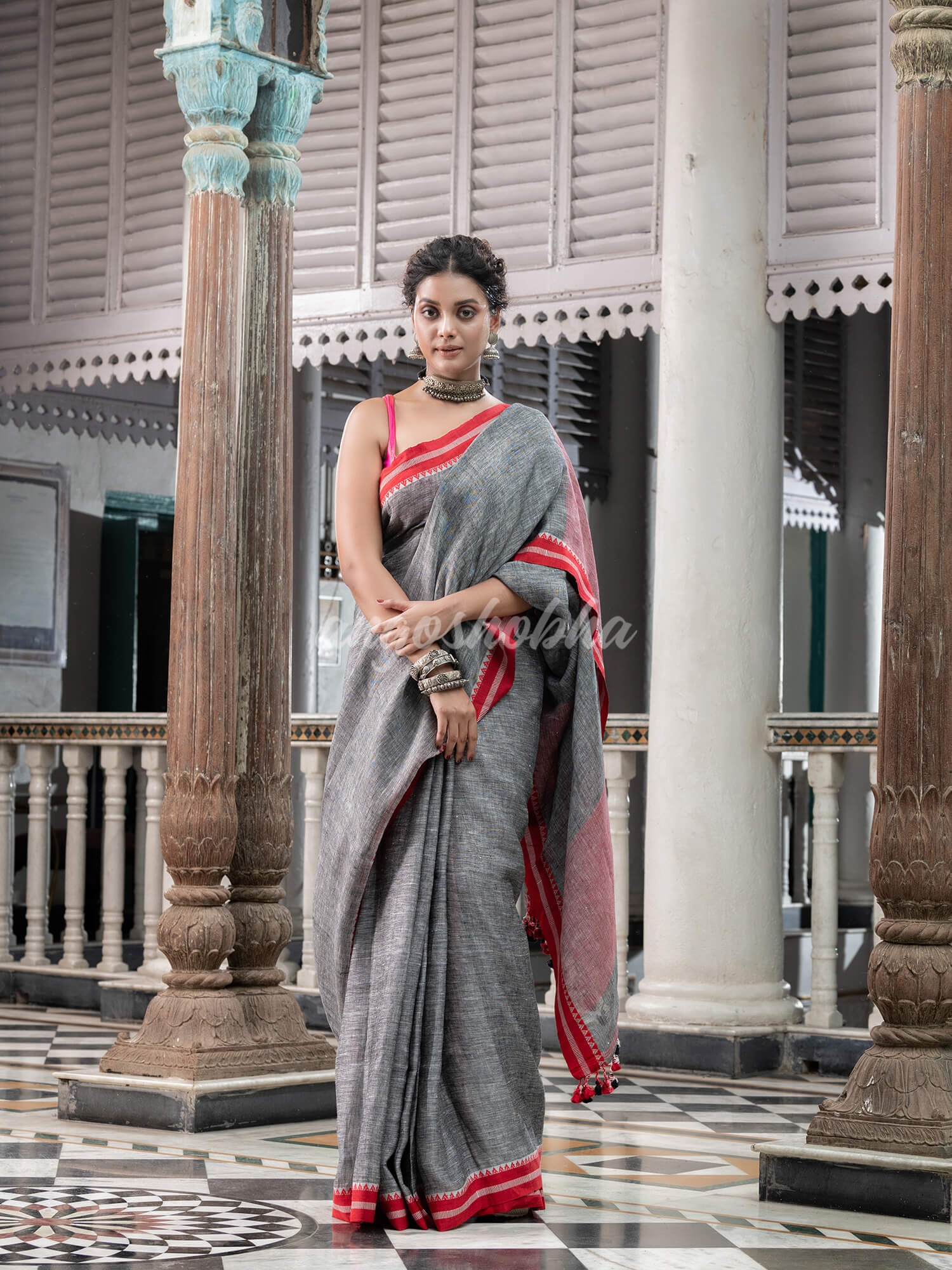 Grey Linen Handloom Saree for women