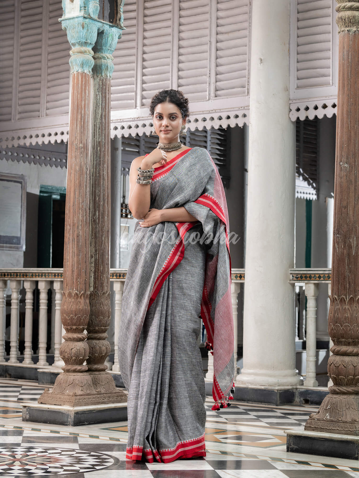 Grey Linen Handloom Saree