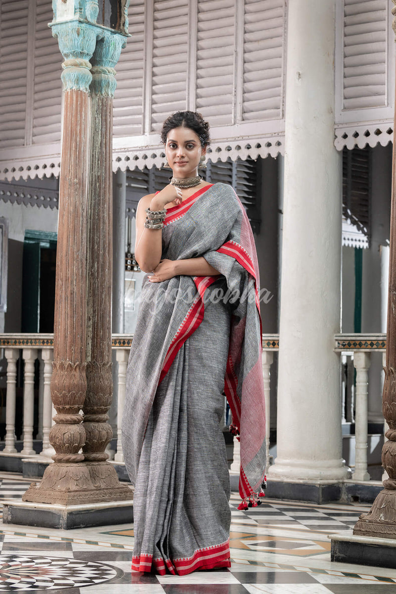 Grey Linen Handloom Saree