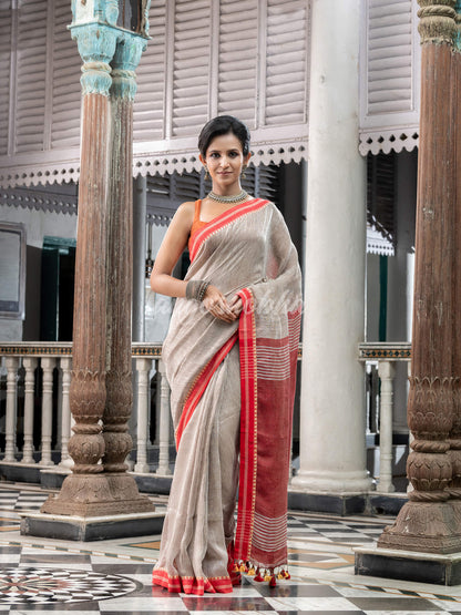 Off White Linen Handloom Saree