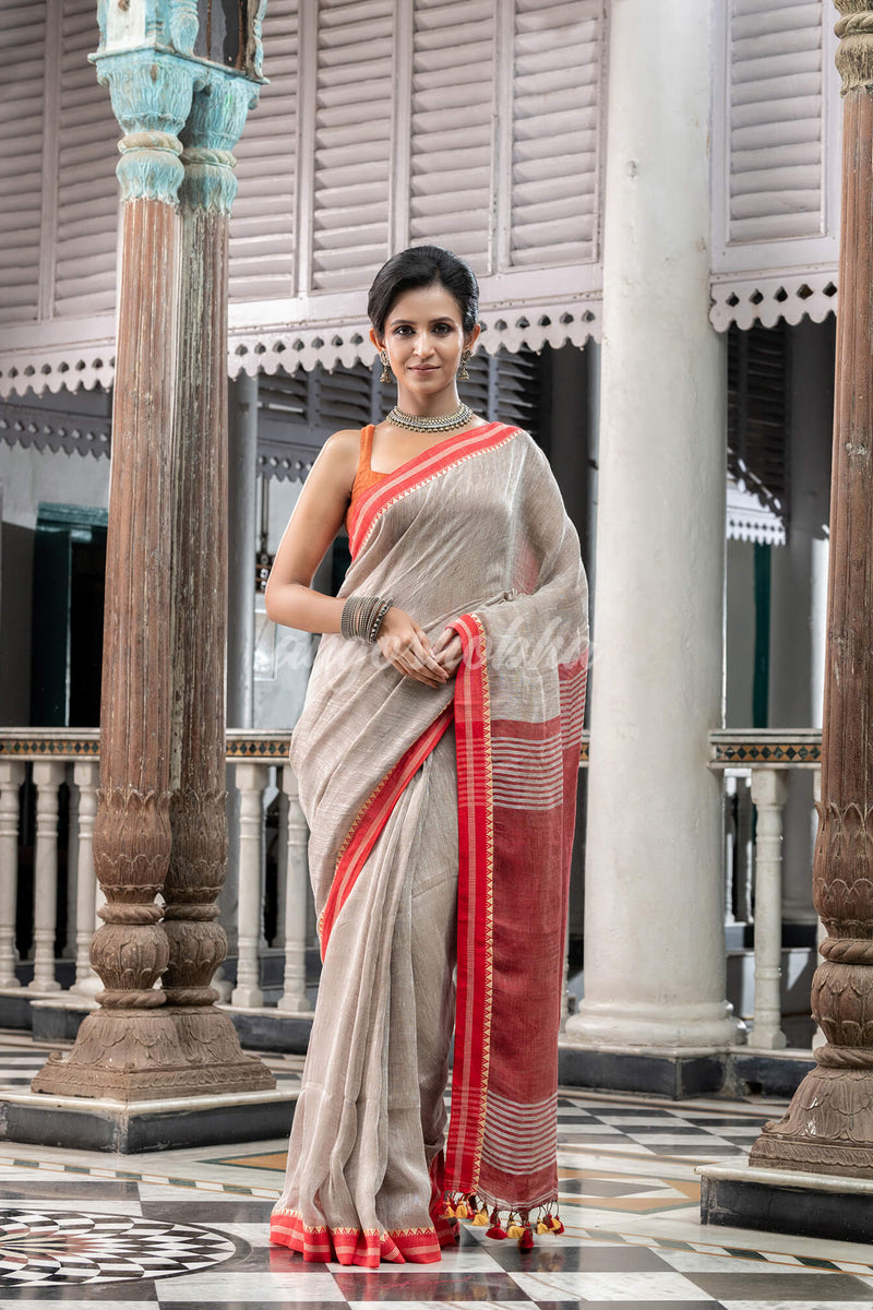 Off White Linen Handloom Saree