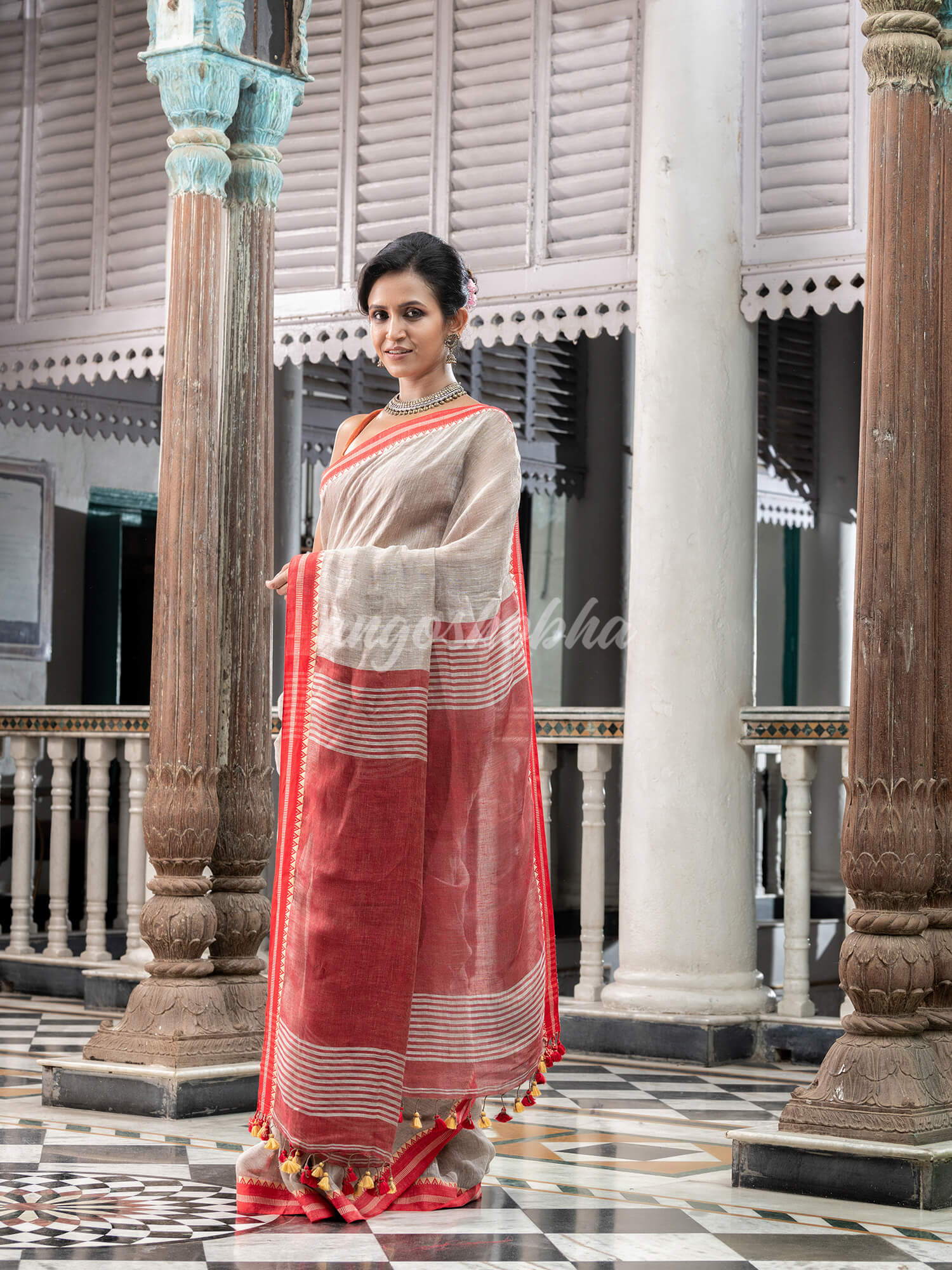 Off White Linen Handloom Saree