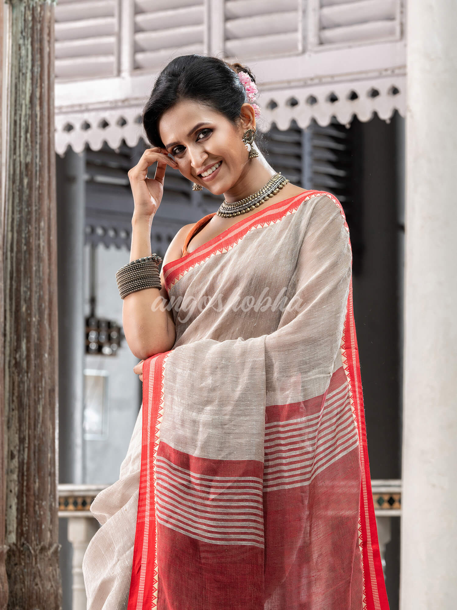 Off White Linen Handloom Saree online