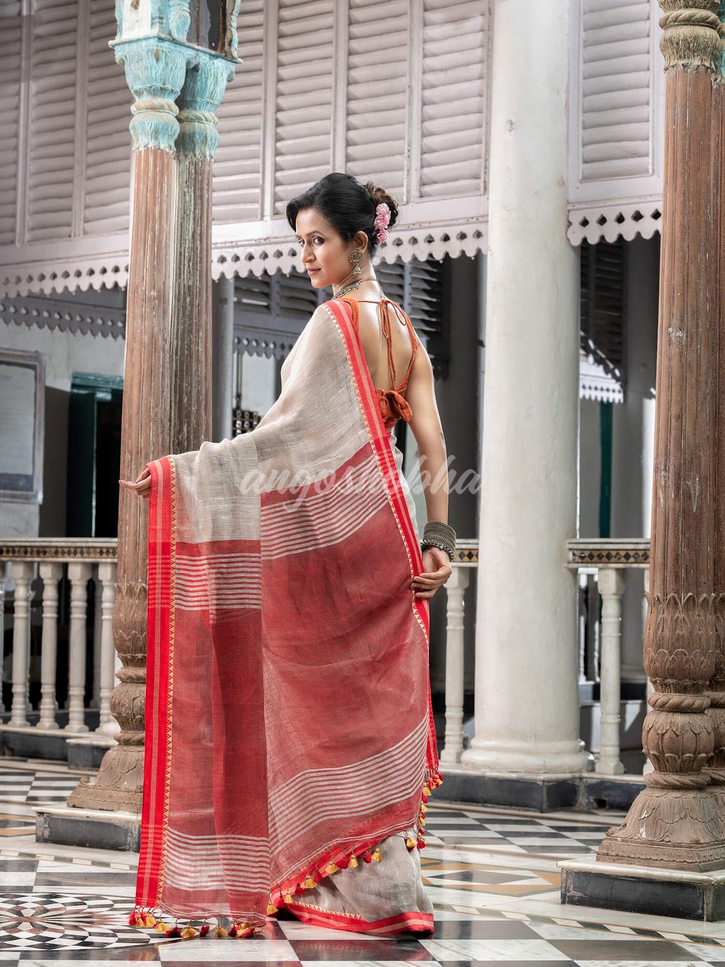 Off White Linen Handloom Saree