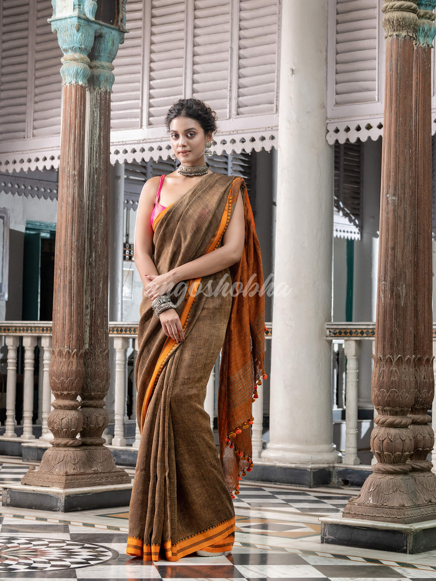 Brown Linen Handloom Saree 