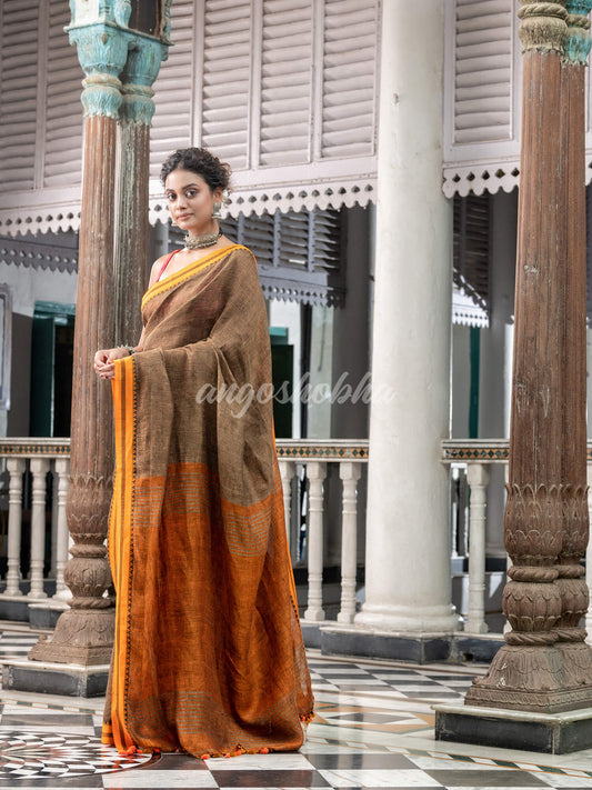 Brown Linen Handloom Saree