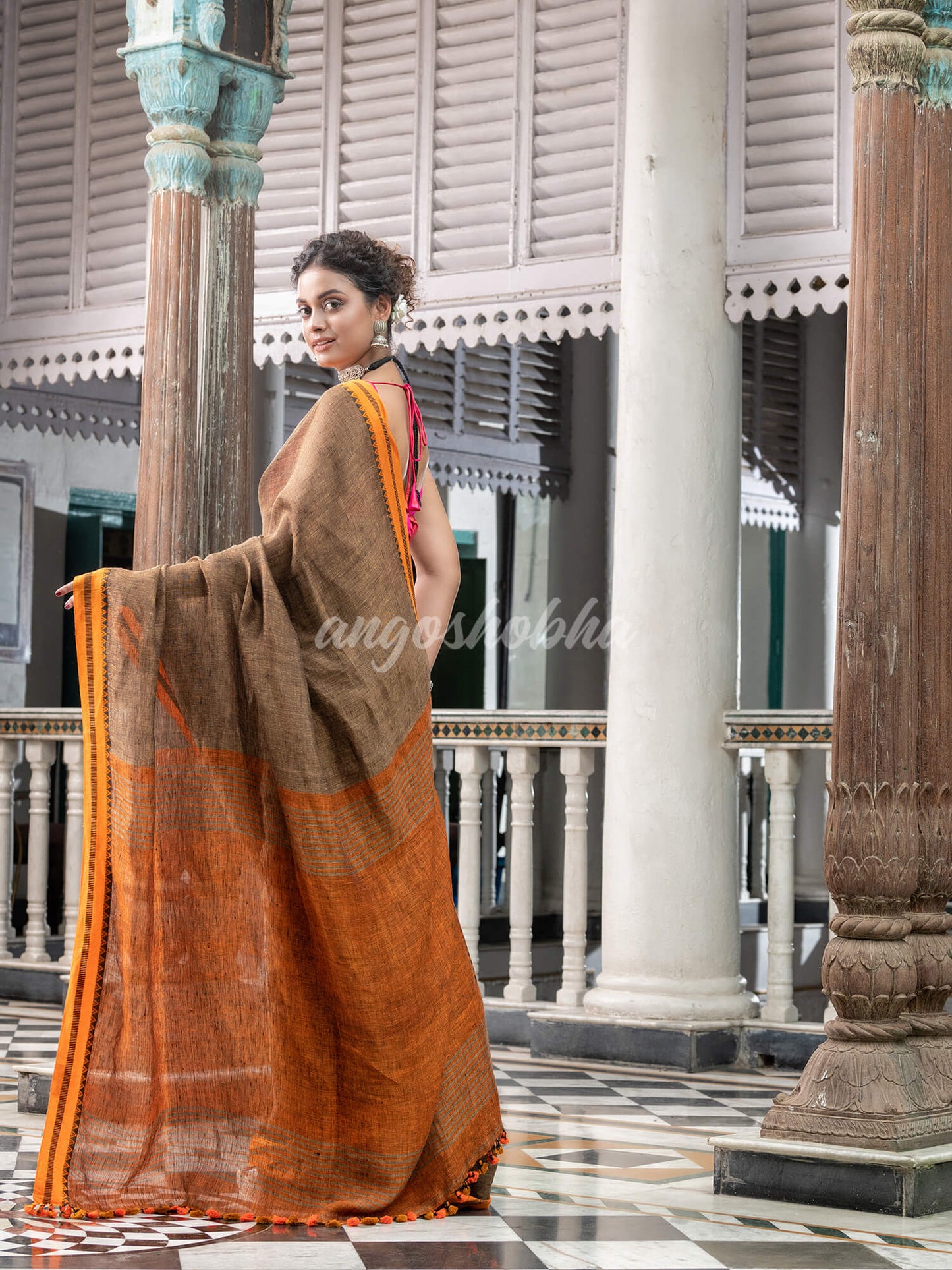 Brown Linen Handloom Saree