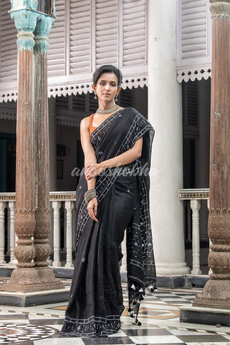 Black Linen Handloom Saree