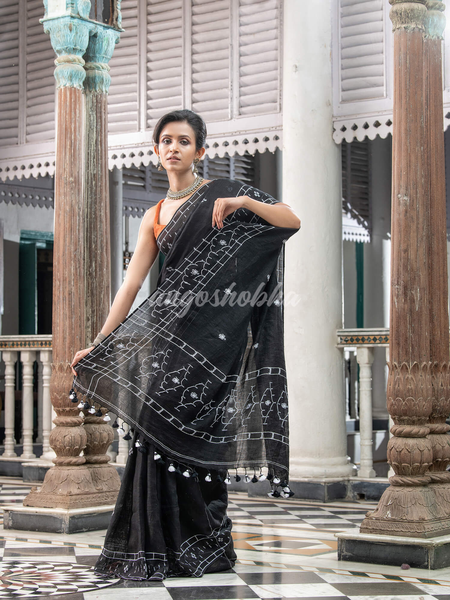 Black Linen Handloom Saree