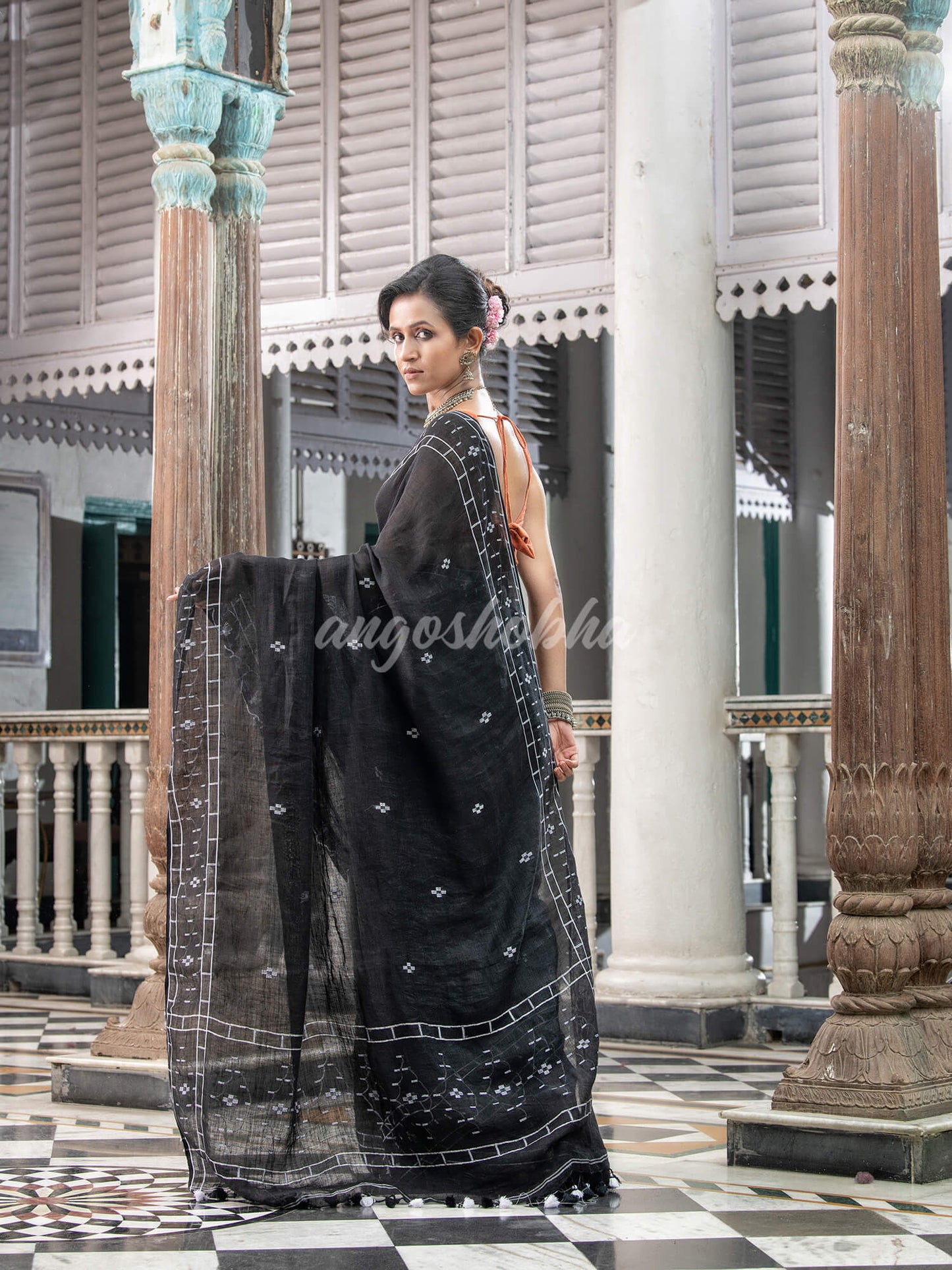 Black Linen Handloom Saree for women 