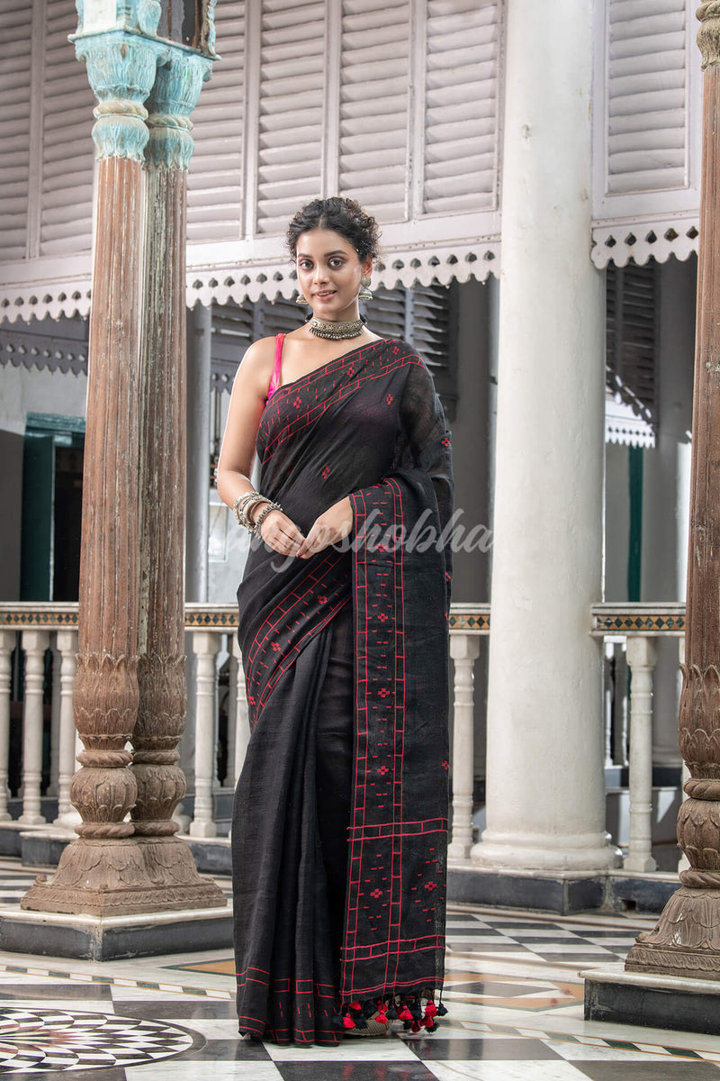 Black Linen Handloom Saree