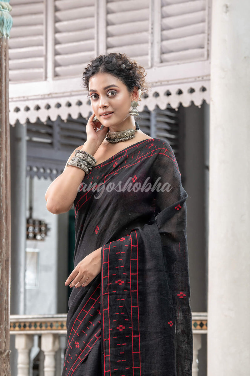 Black Linen Handloom Saree