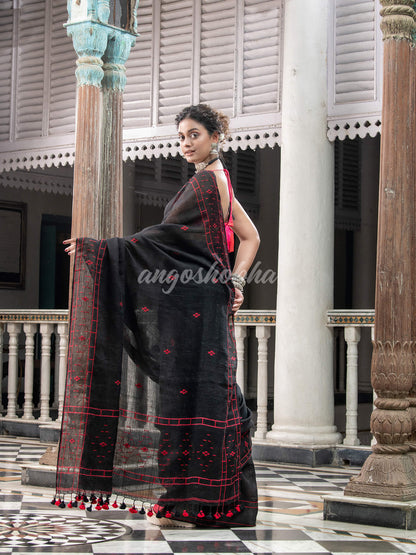 Black Linen Handloom Saree for women