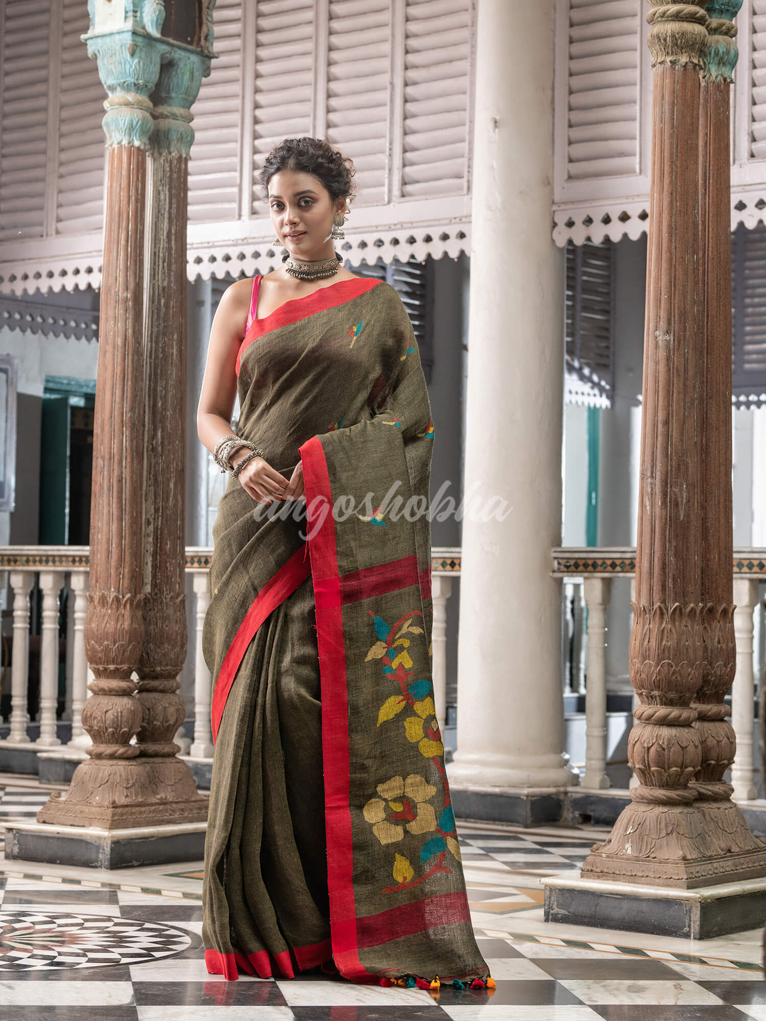 Moss Green Linen Handloom Jamdani Saree