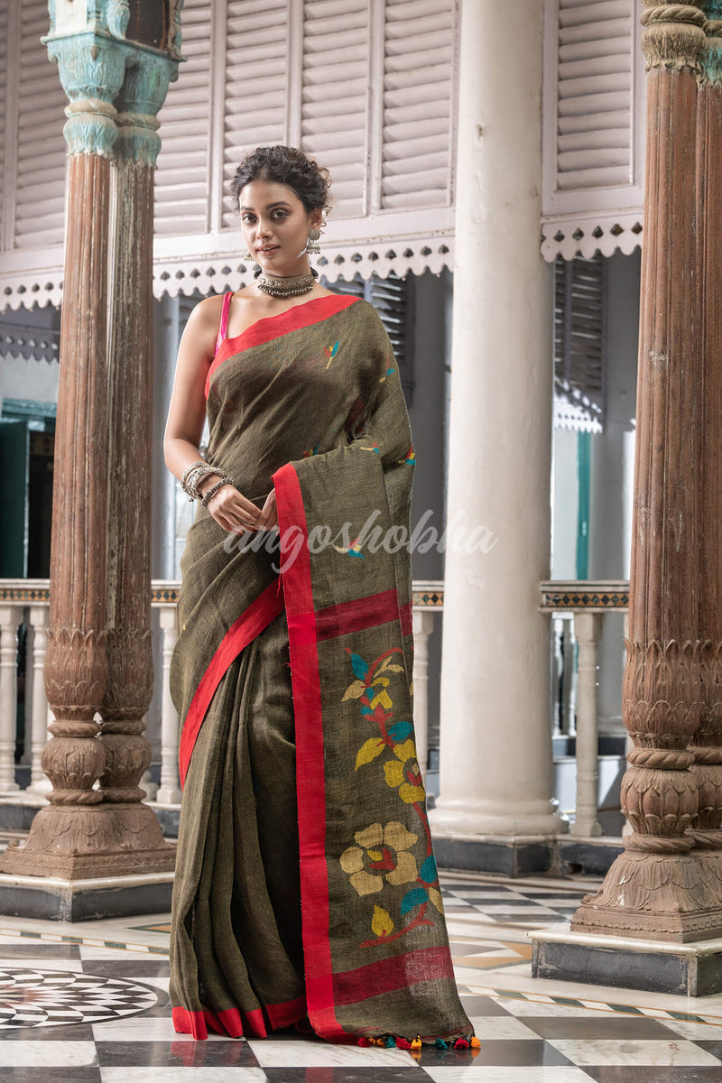 Moss Green Linen Handloom Jamdani Saree