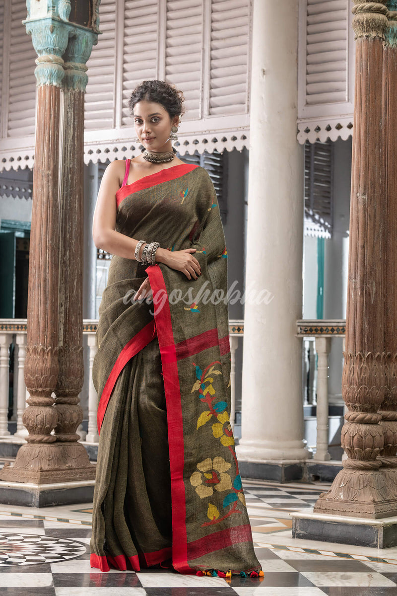 Moss Green Linen Handloom Jamdani Saree