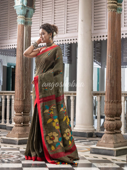 Moss Green Linen Handloom Jamdani Saree