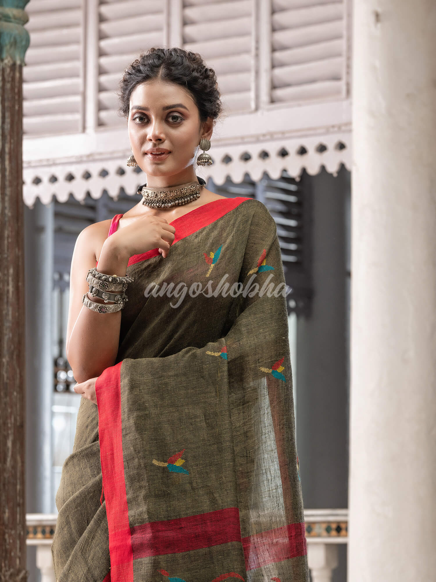 Moss Green Linen Handloom Jamdani Saree