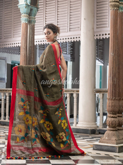 Moss Green Linen Handloom Jamdani Saree