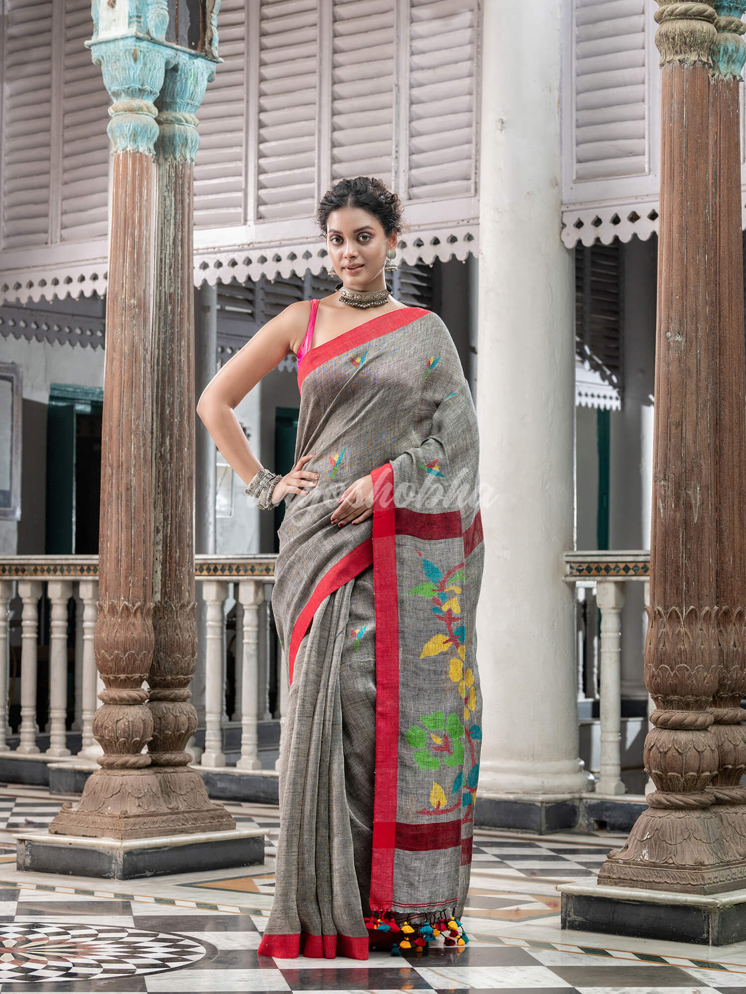 Grey Linen Handloom Jamdani Saree wholesale price