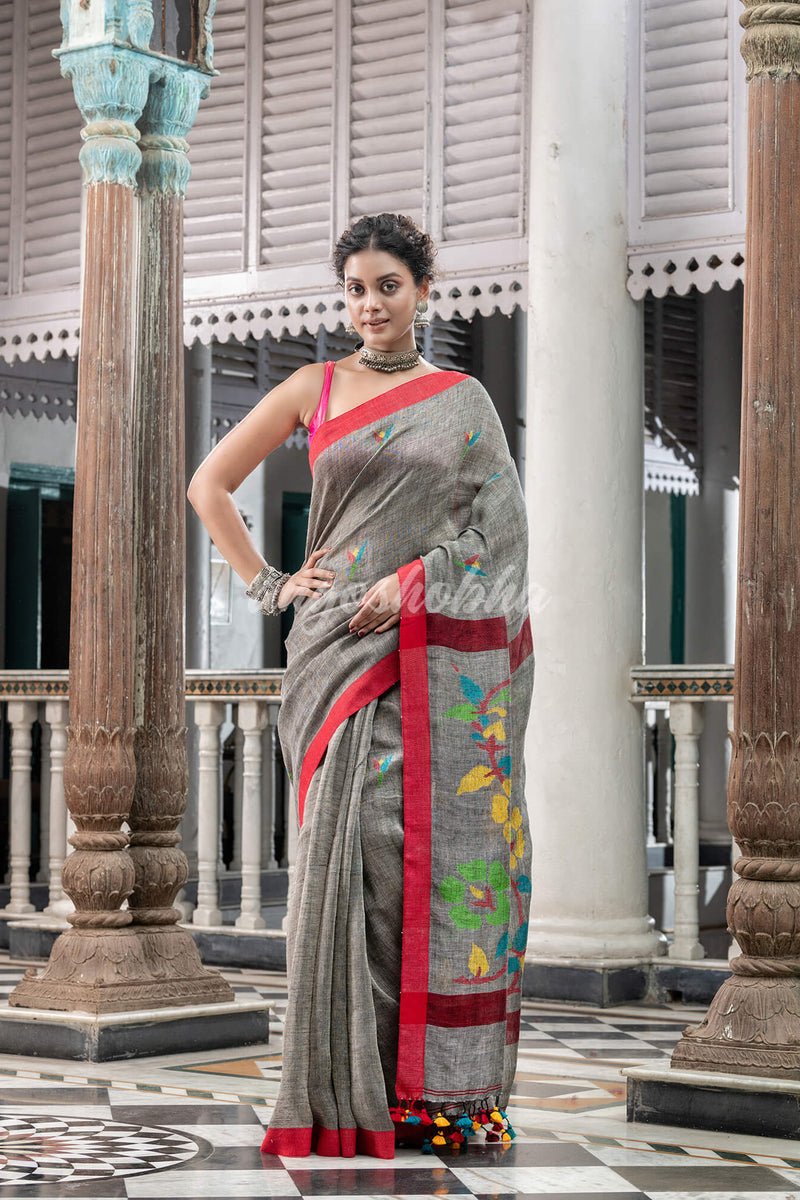 Grey Linen Handloom Jamdani Saree