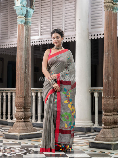 Grey Linen Handloom Jamdani Saree online