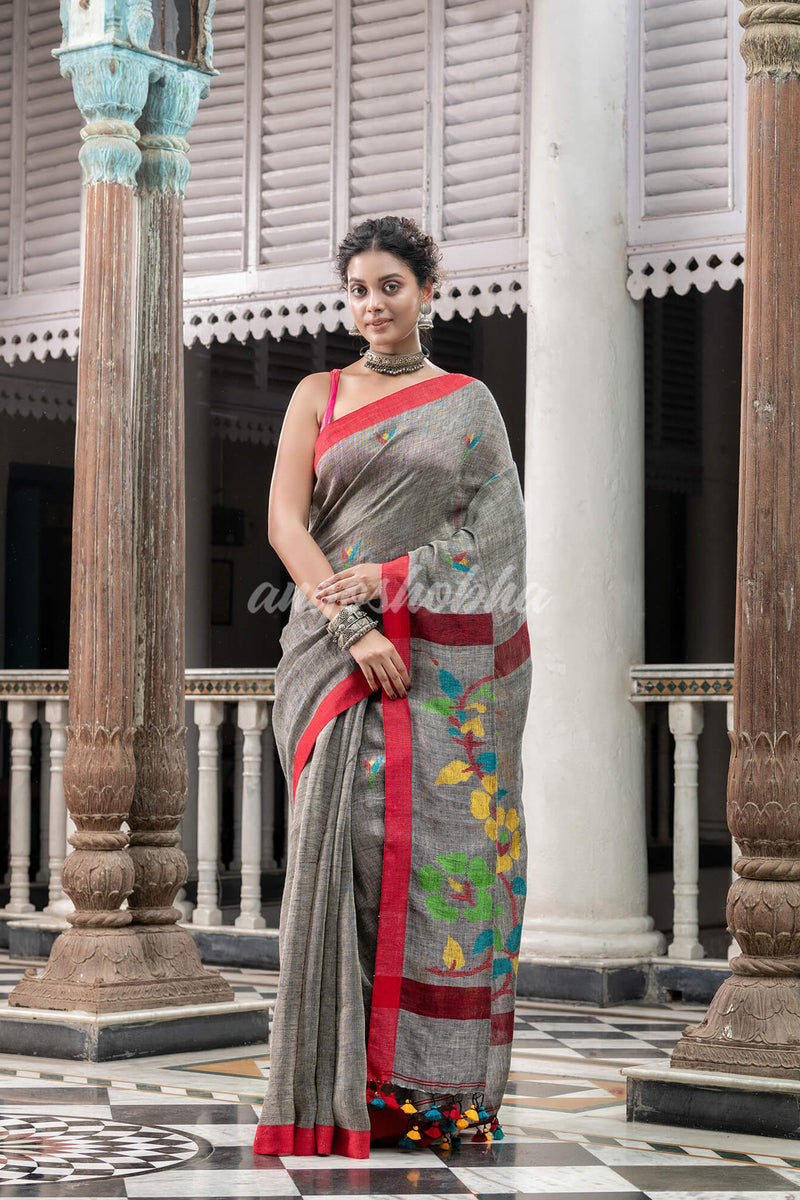 Grey Linen Handloom Jamdani Saree