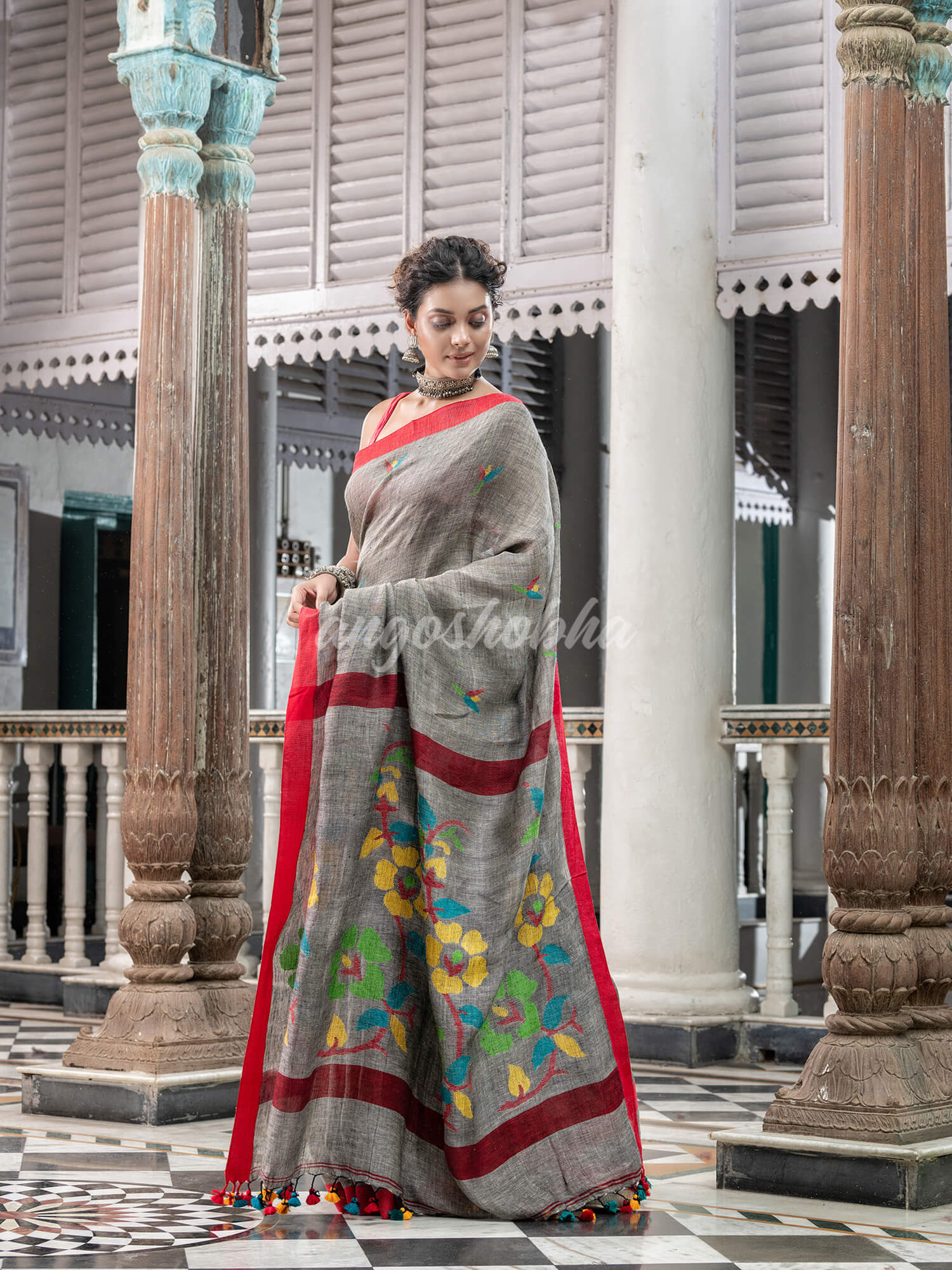 Grey Linen Handloom Jamdani Saree for women