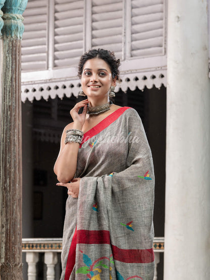 Grey Linen Handloom Jamdani Saree