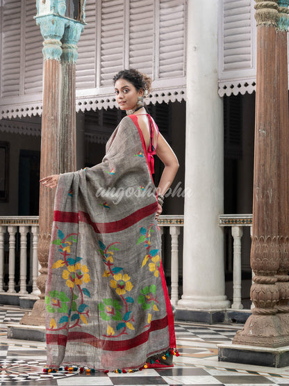 Grey Linen Handloom Jamdani Saree