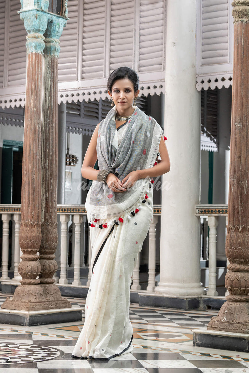 White Linen Handloom Saree