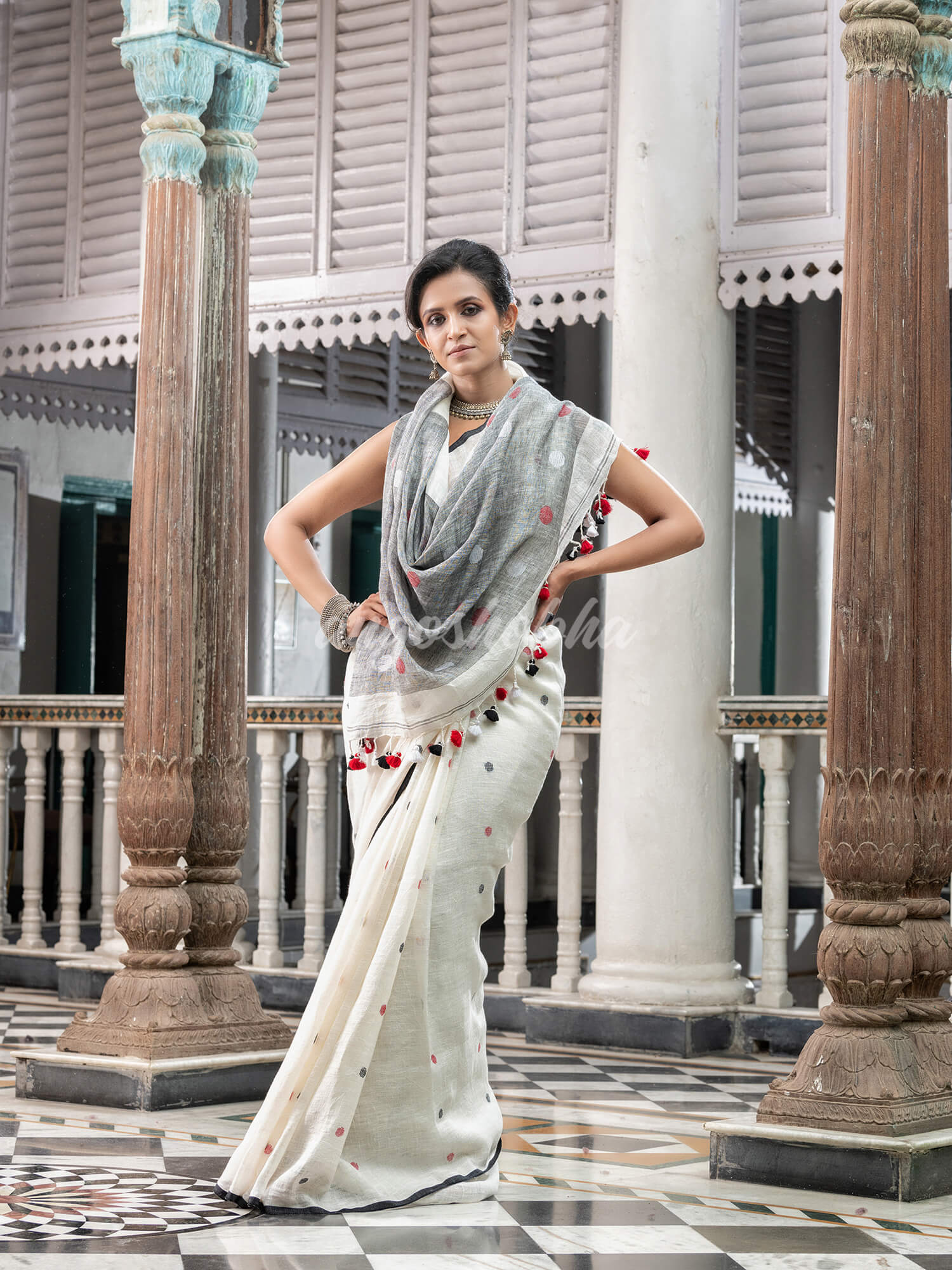 White Linen Handloom Saree