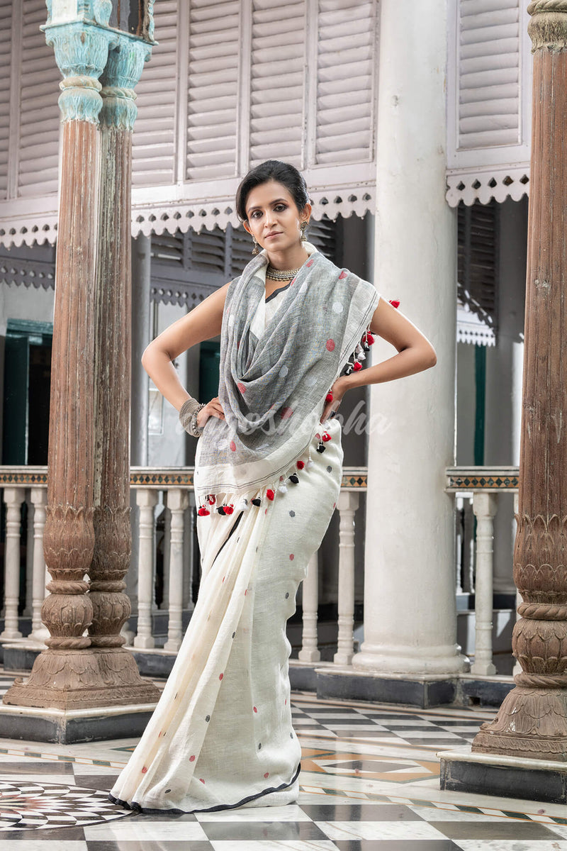 White Linen Handloom Saree