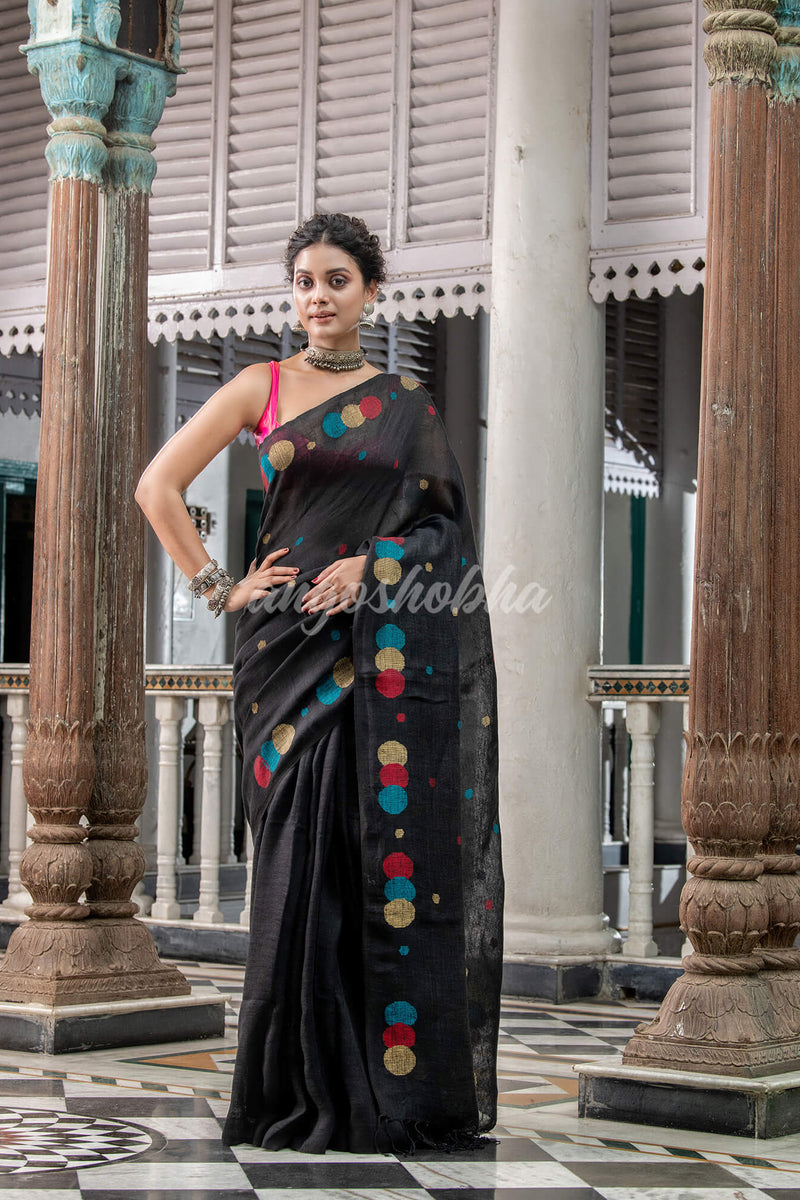 Black Linen Handloom Saree